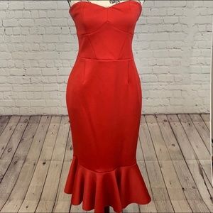 Express Red Strapless Scuba Ruffle Bottom Dress